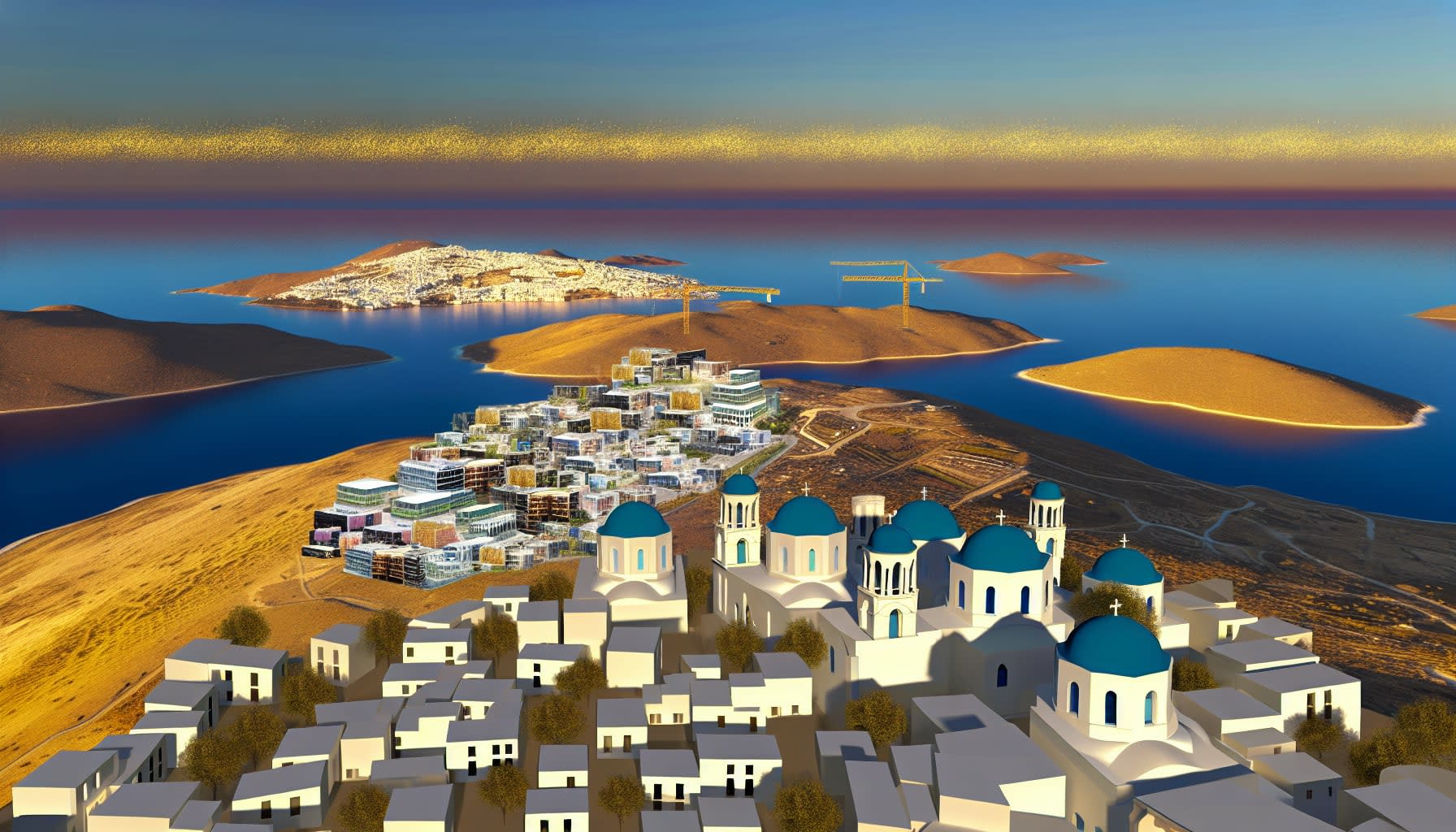 נוף אווירי של נכסי נדלן ביוון - וילות ודירות יוקרה על רקע הים התיכון והאיים היווניים